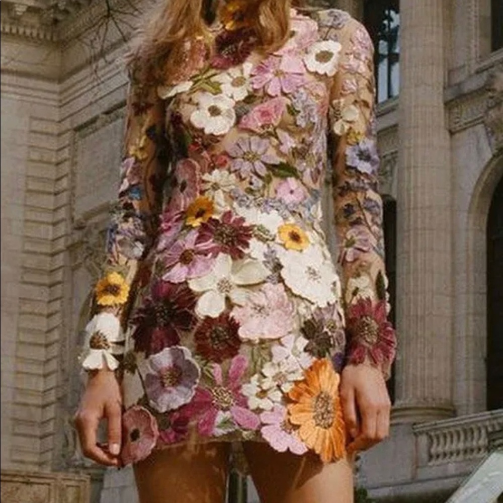 Elegantly Enchanted Floral Applique Backless Long Sleeve Mini Dress